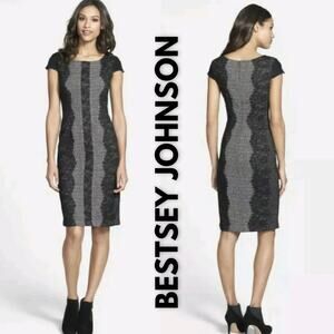 Betsey Johnson Sheath Dress 6 Gray Black Tweed Cap Sleeve Lace Trim Cocktail
